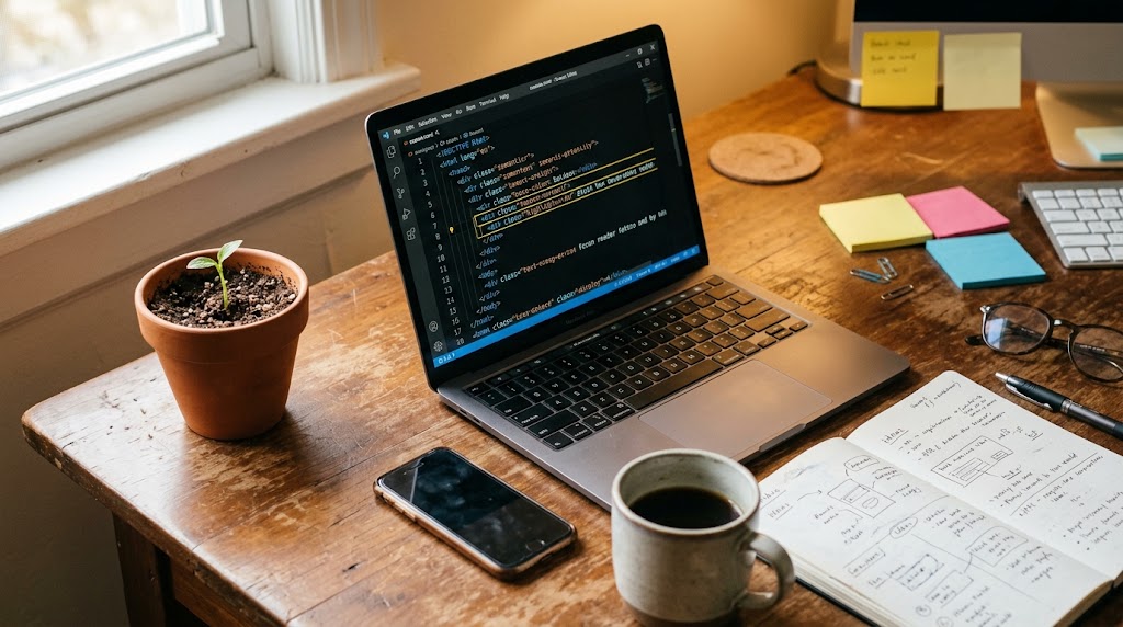 Fotografía de un escritorio de trabajo en madera con iluminación cálida. En el centro hay un ordenador portátil abierto que muestra código HTML semántico en pantalla con un marco de foco destacado. A la derecha del portátil, sobre la mesa, se encuentra una pequeña maceta de barro con un brote verde recién nacido